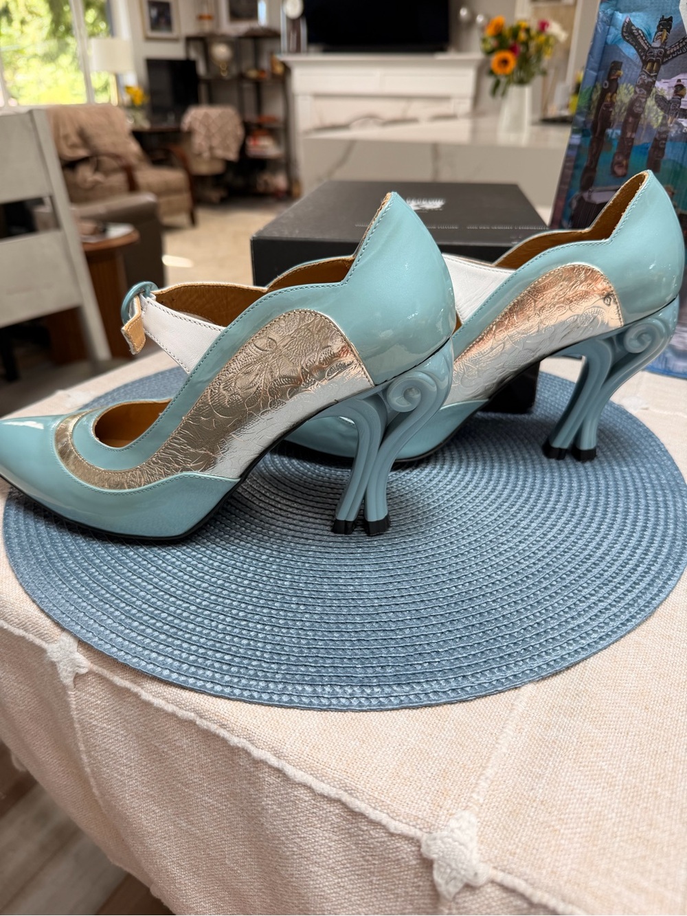 John Fluevog Sky Blue and White Pointed Mary Jane Pump with Metallic Trim - Picture 7 of 8